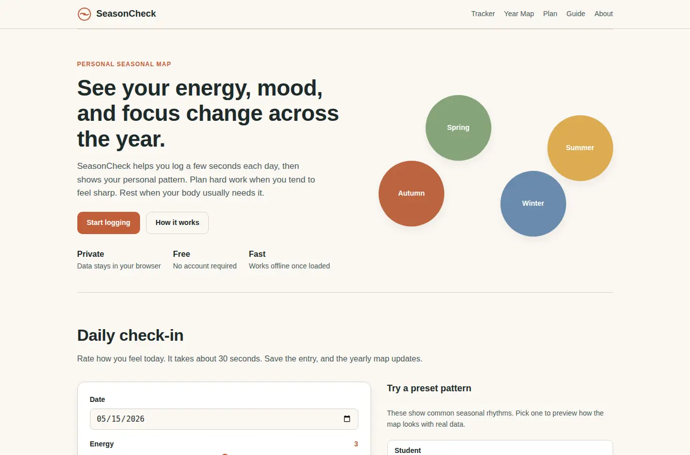 Screenshot of SeasonCheck: Personal Seasonal Energy & Mood Map interface showing the project page in use